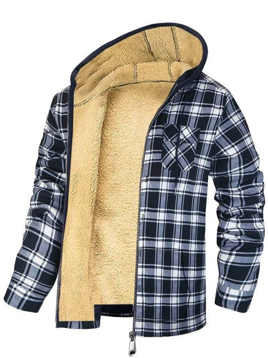 Men's Plaid Print Hooded Zip-Up Jacket Winter Thickened Cotton-padded Coat Warm Clothing - Velora