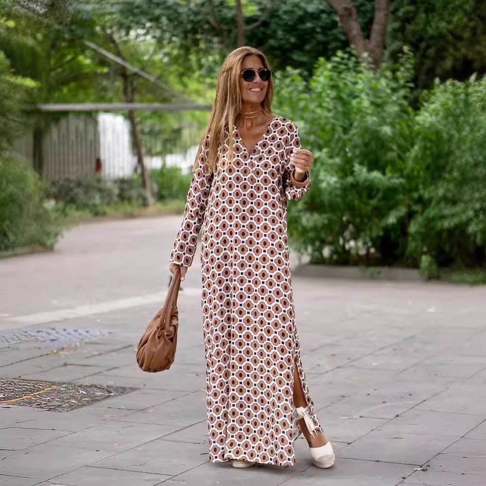 Summer Geometric Printed V-neck Long Dress Fashion Long Sleeve Slit Dresses For Women - Velora