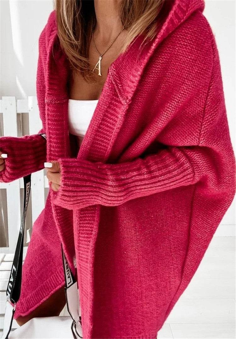 Fashion Bat Sleeve Hooded Cardigan Oversized Loose Temperament Solid Color Sweater Womens Clothing - Velora