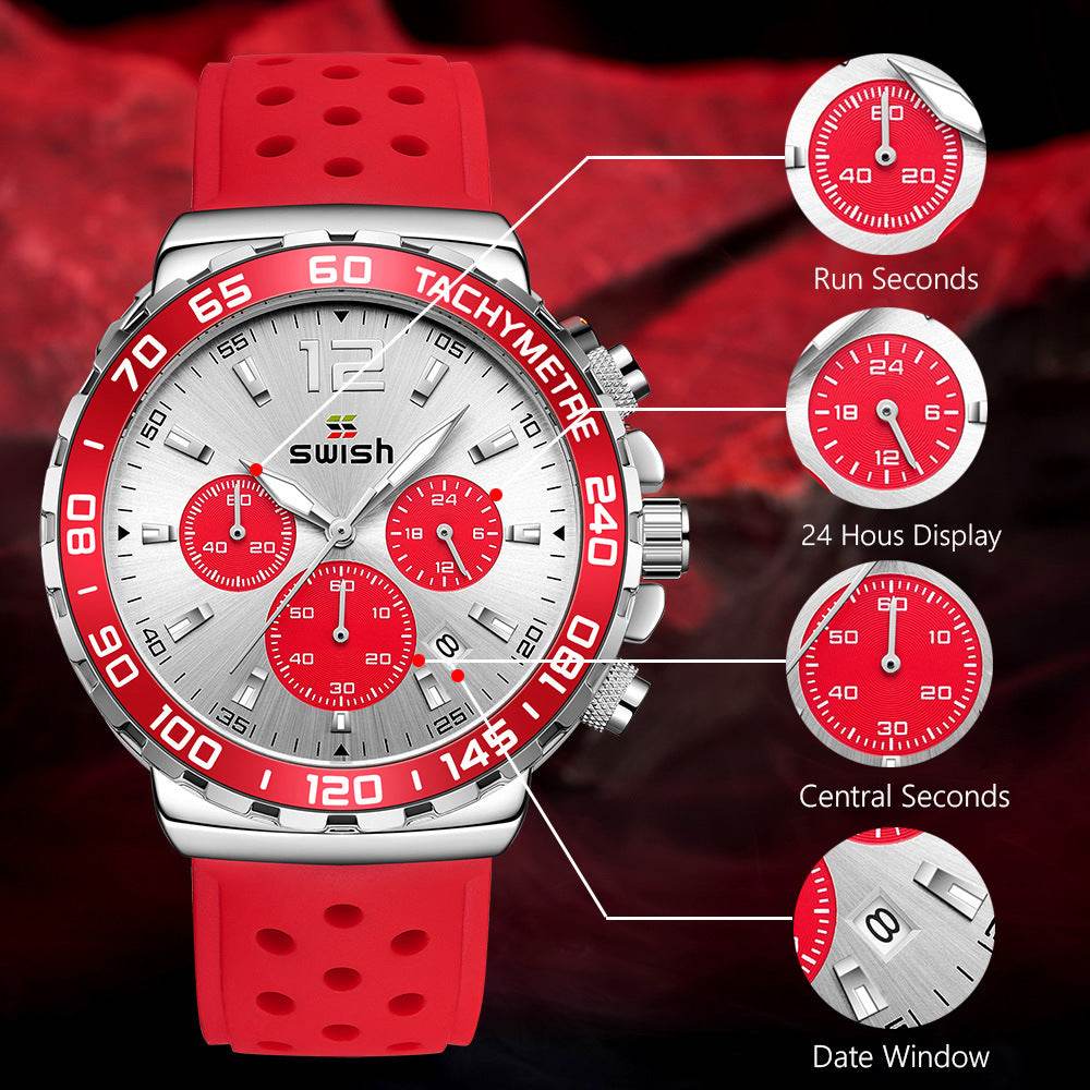 Men's Luminous Sports Breathable Hole Silicone Strap Six-pin Quartz Watch - Velora