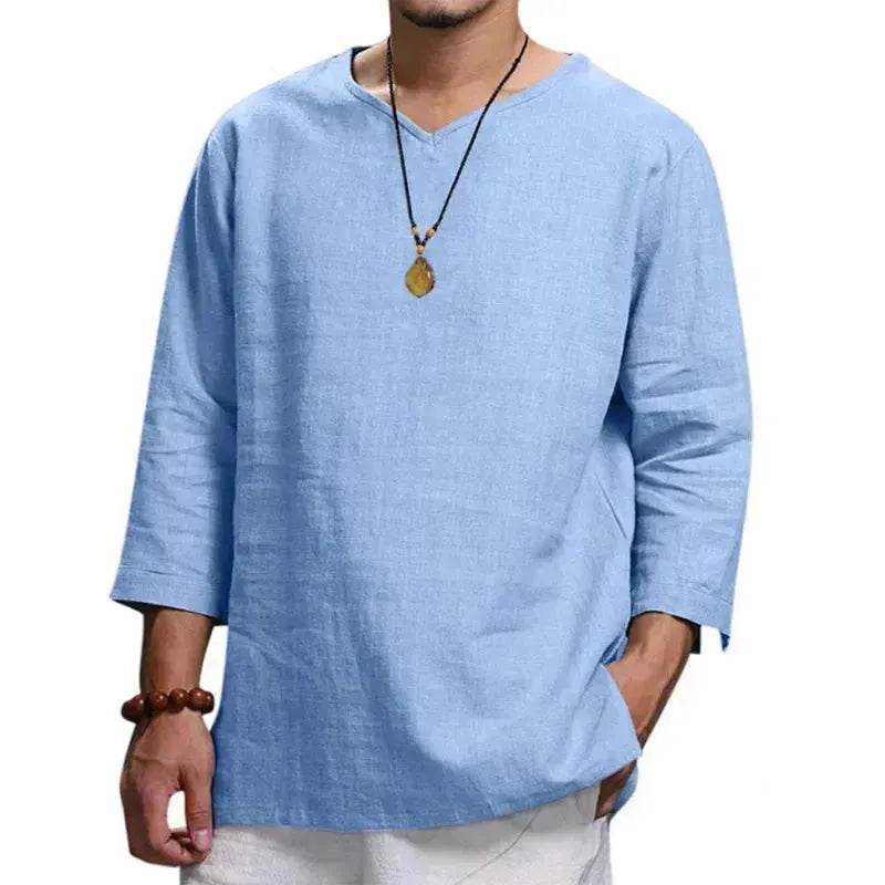 Loose Casual V-neck Top Cotton And Linen Long Sleeve Pullover Shirt Men's Shirt Top - Velora