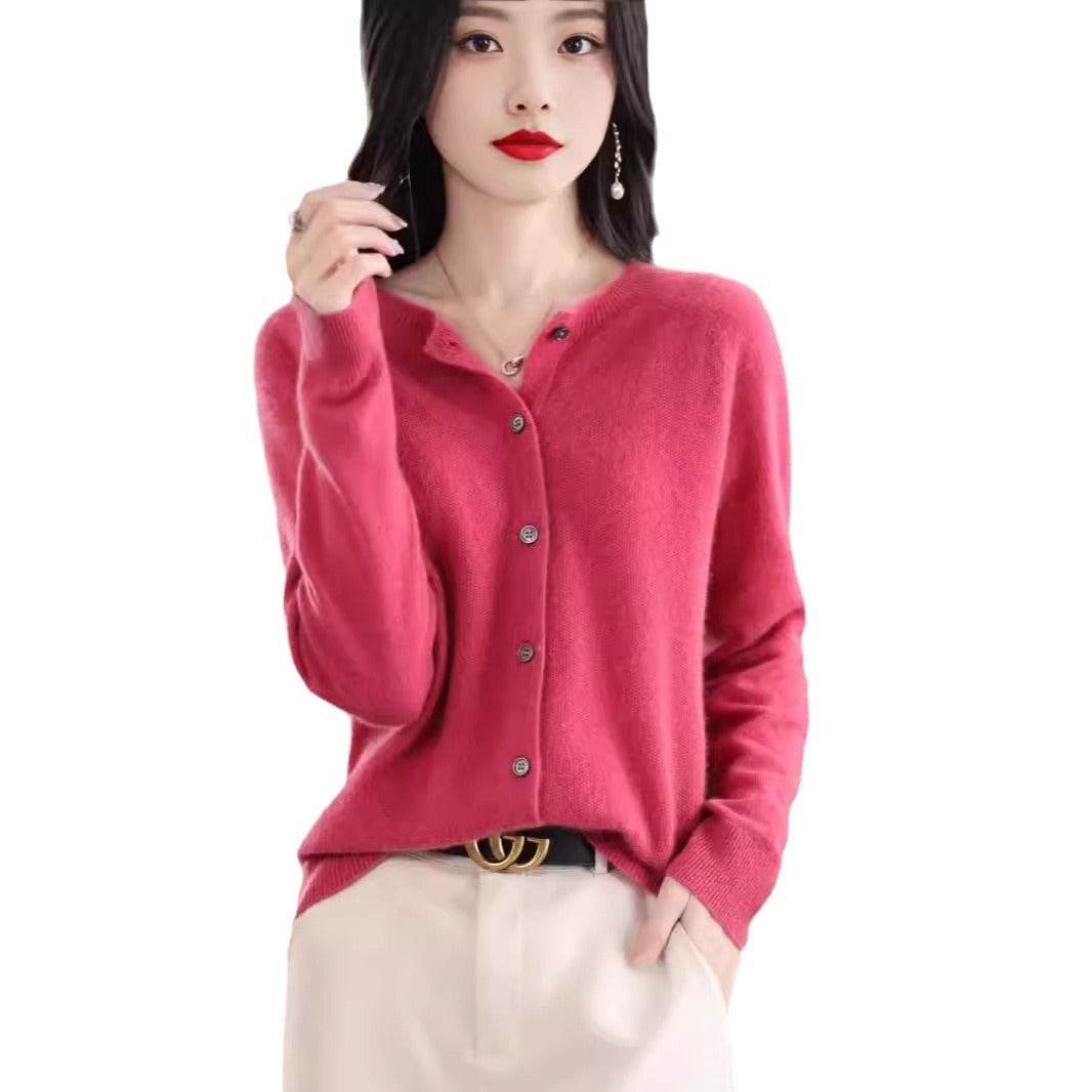 Fashion Merino Wool Cardigan Sweater Women O-Neck Long-sleeve Cashmere Knitwear Spring Autumn Female Clothing Tops - Velora