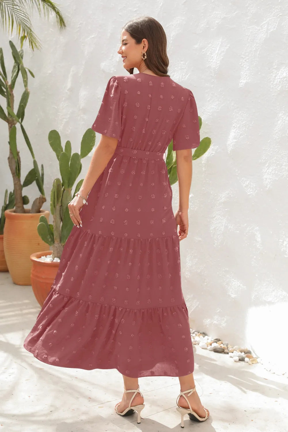 Swiss Dot Tied Surplice Short Sleeve Dress - Velora