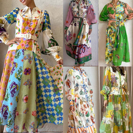 Print Holiday Women Beach Dress With Belts A-Line Long Lantern Sleeve Single Breasted Lapel Seaside Dresses Robe - Velora