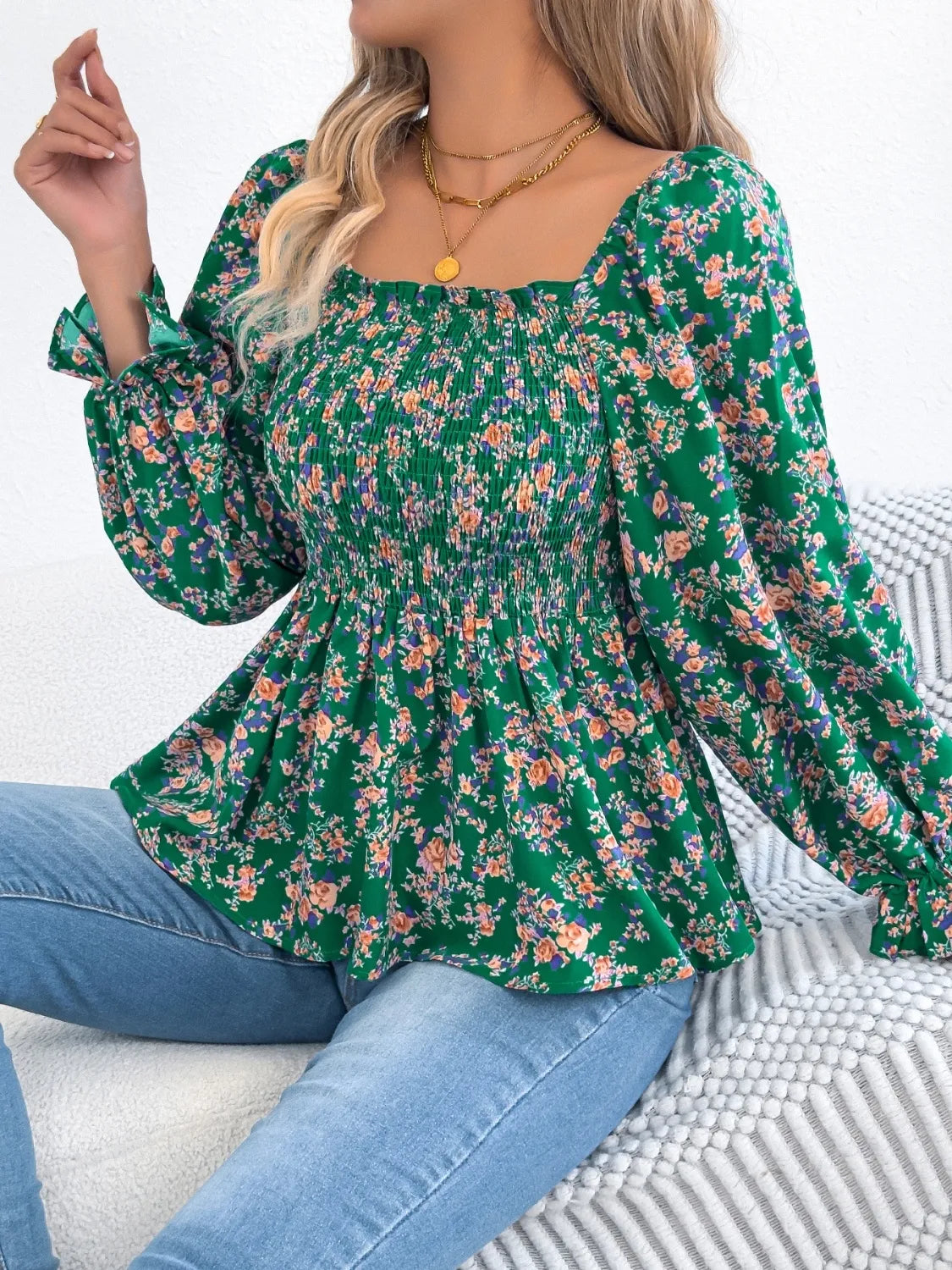 Floral Square Neck Flounce Sleeve Blouse - Velora