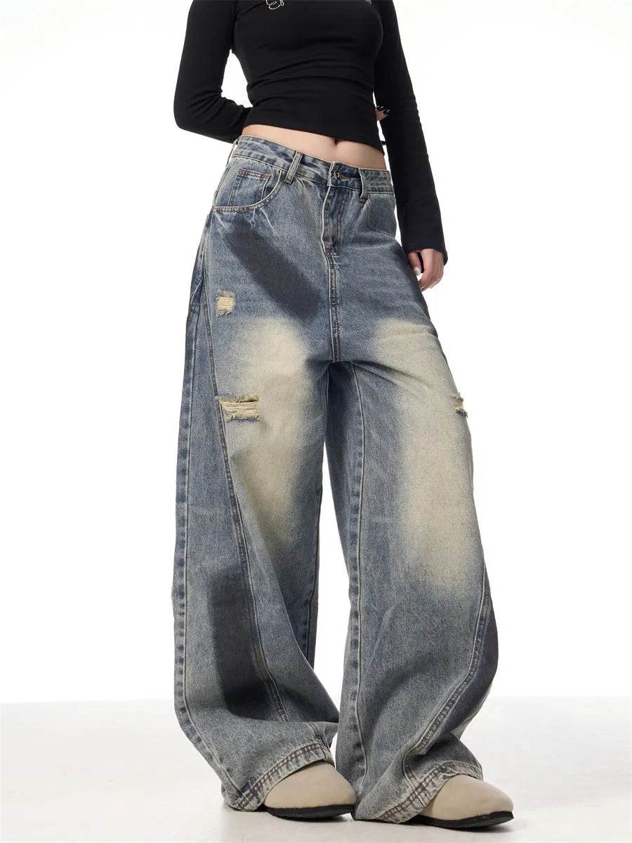 Splash Ink Ripped Machete Baggy Jeans Pant For Women Loose-fitting Wide-leg Trousers - Velora