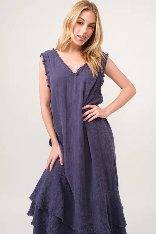 And The Why Washed Cotton Gauze Fringe Detail Tiered Dress - Velora