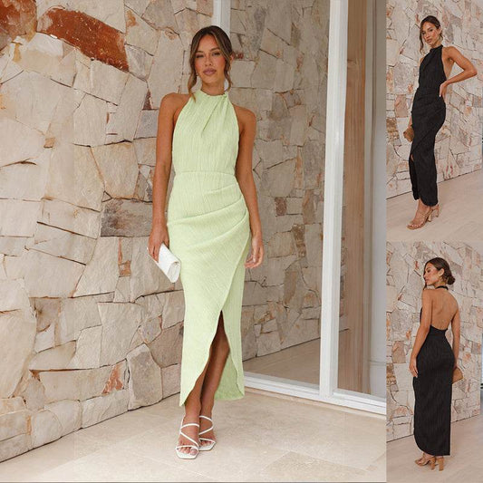 Halter Split Long Dress Summer Slim Fit Backless Dresses Solid High-end Women's Clothing - Velora