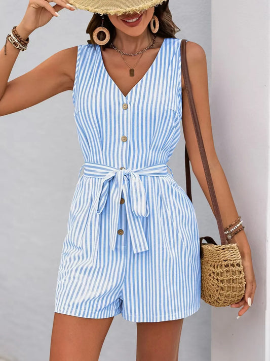 Striped V-neck Button Front Belted Romper - Velora