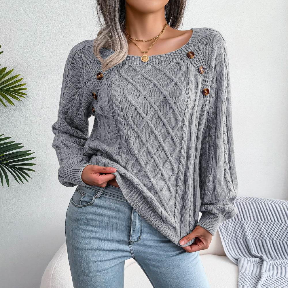 Square Neck Knitted Sweater With Button Design Winter Warm Long Sleeve Tops Women's Clothing - Velora