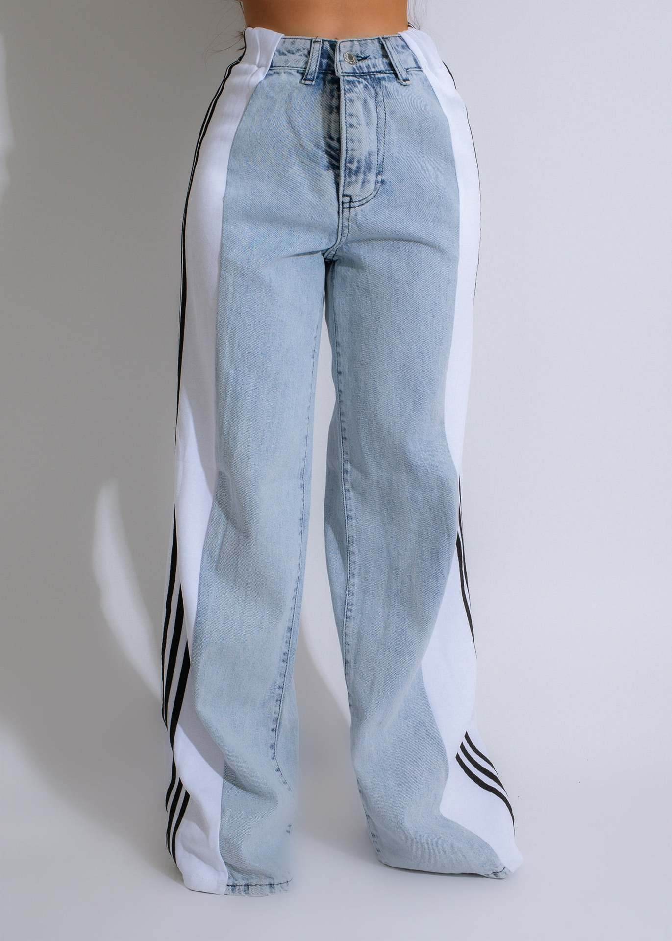 2024 Fashion Casual High Waist Elastic Straight Leg Trousers Three Stripe Patchwork Denim Wide Leg Pants Streetwear - Velora