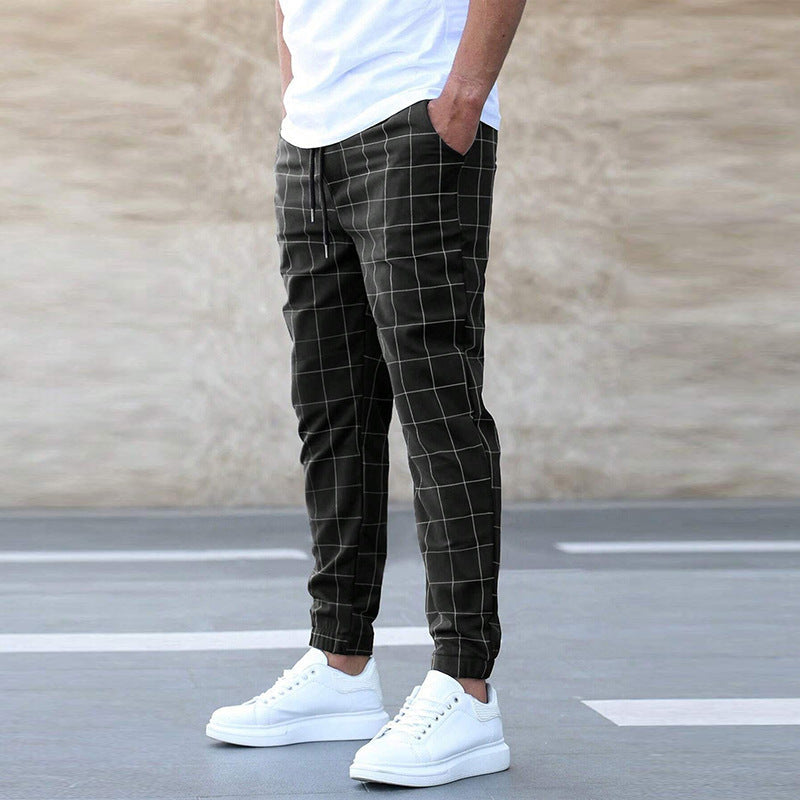 Fashion Plaid Print Pants Casual Drawstring Trousers Men's Clothing - Velora