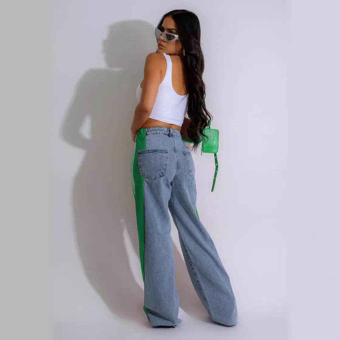 2024 Fashion Casual High Waist Elastic Straight Leg Trousers Three Stripe Patchwork Denim Wide Leg Pants Streetwear - Velora