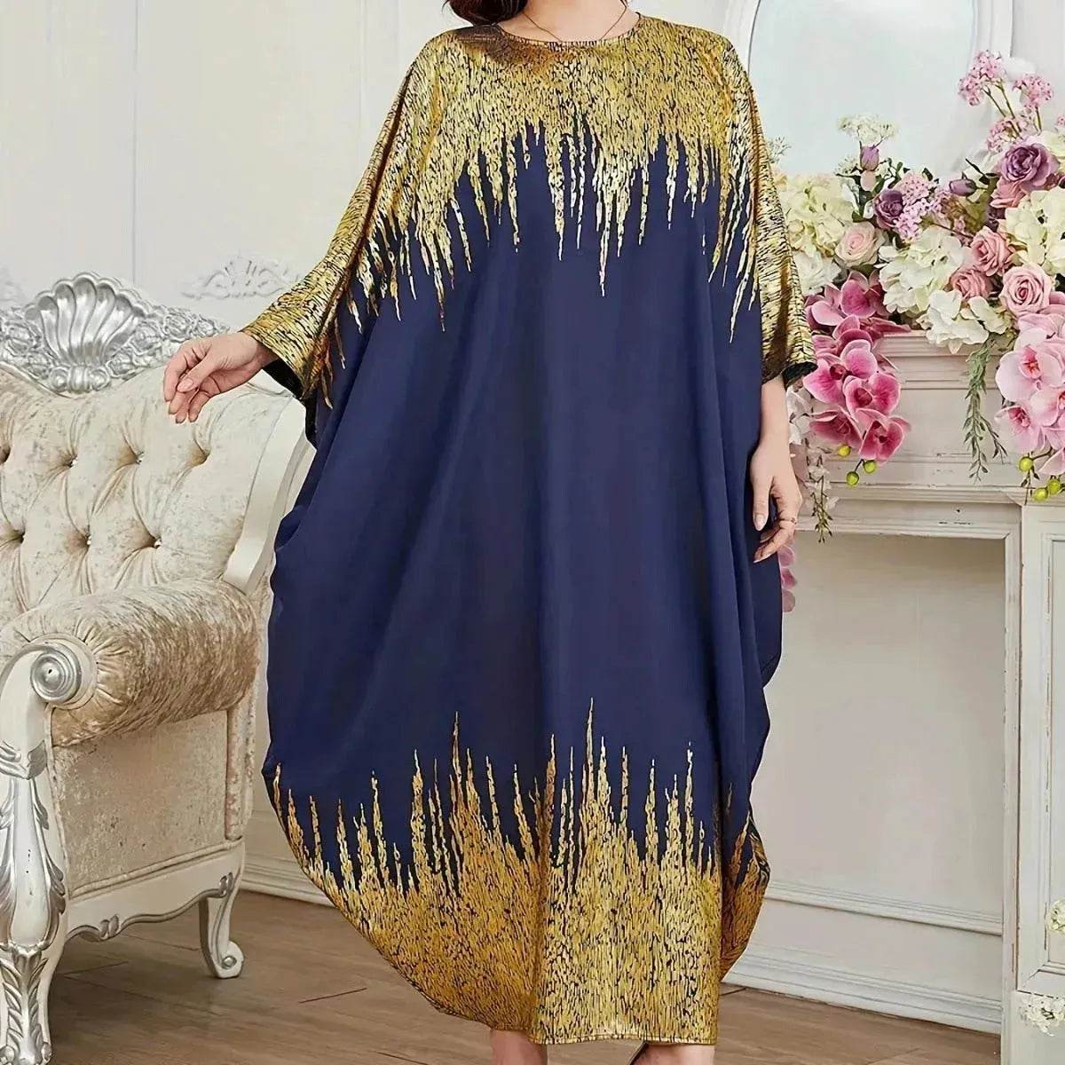 Fashion Embellish Fancy Abaya Middle East Print Color Contrast Patchwork Bat Sleeve Width Loose Summer Long Sleeve Dress - Velora