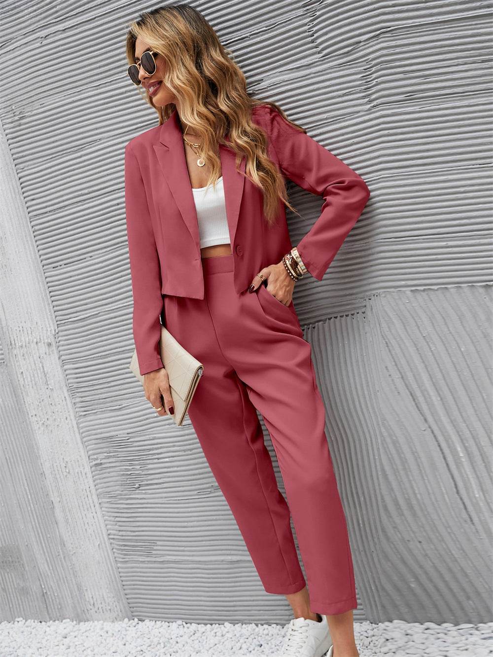 Solid Color Lapel Long Sleeve Dungarees Fashion Two-piece Suit - Velora