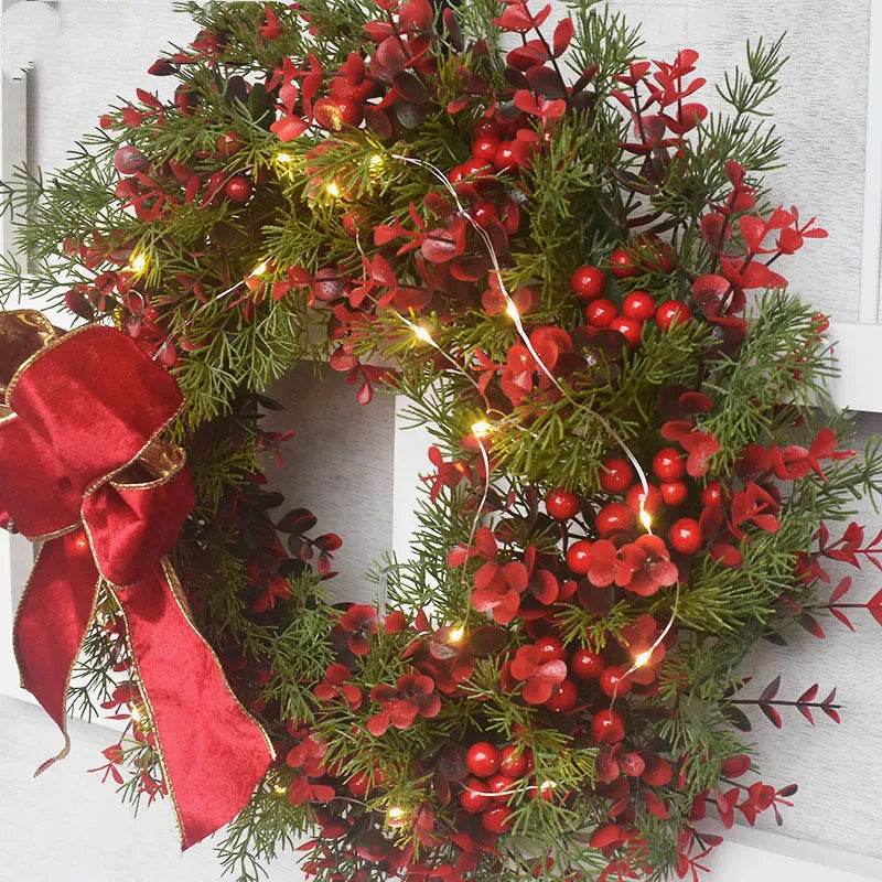 Artifical Cherry Pattern Wreaths Christmas Wreath Red Door Wreath Wall Hanging Garland Ornaments Rattan Circle Wall Decoration - Velora