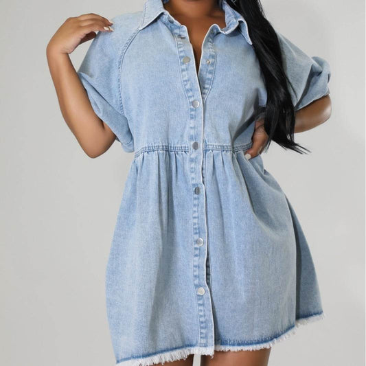Women's Casual Cardigan Lapel Shirt Denim Dress - Velora