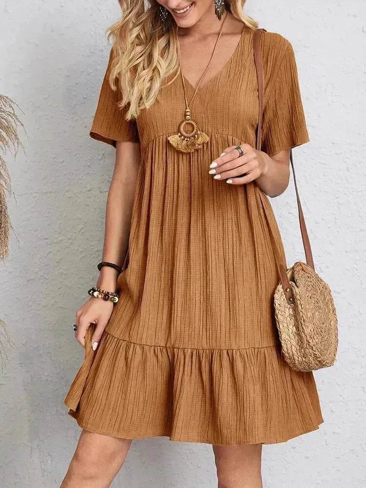 Summer Beach V-neck Dresses Women's Loose Casual Short-sleeved Loose Skater Dress for Chic Ladies - Velora