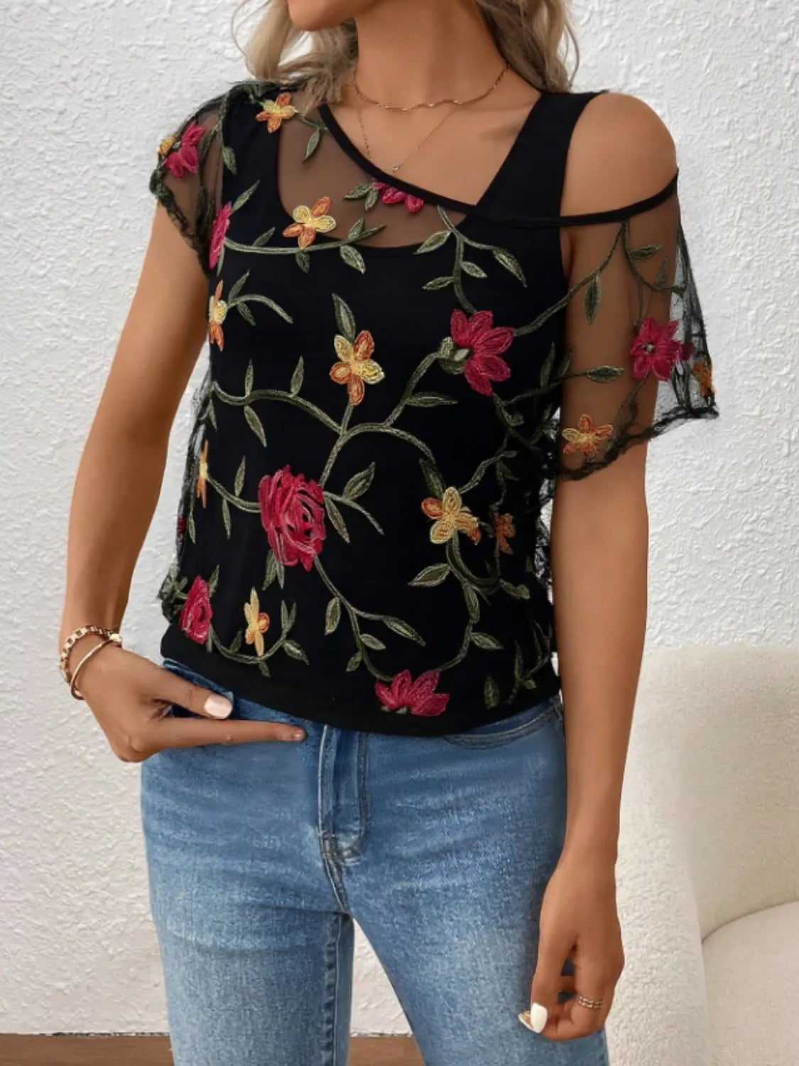 Floral Short Sleeve Sheer Top - Velora