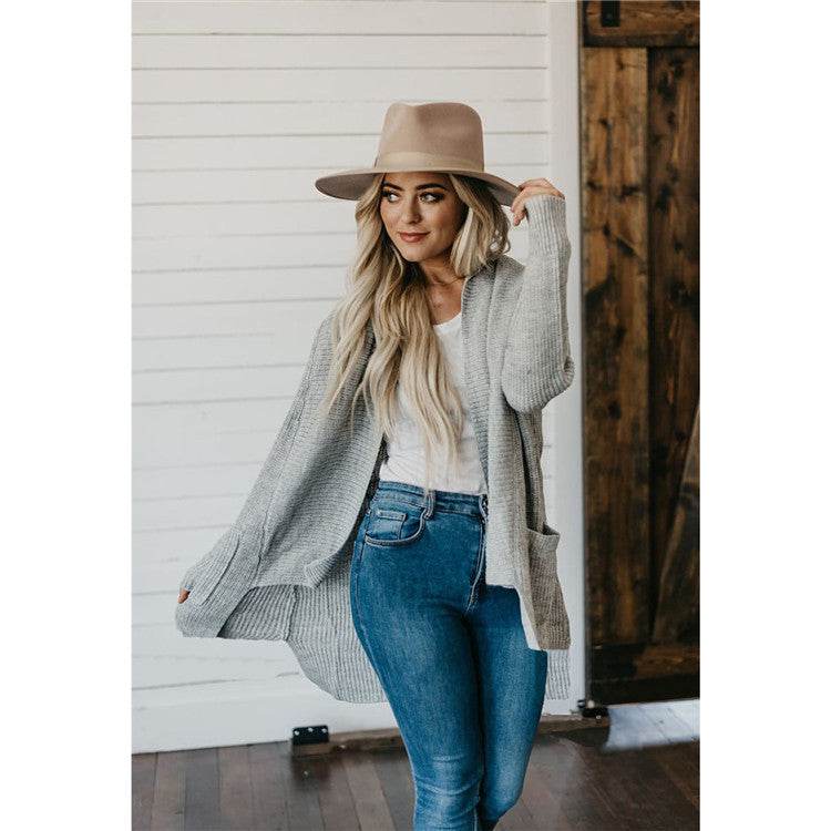 Long Sleeve Multi-color Plus Size Double Bag Cardigan Sweater - Velora