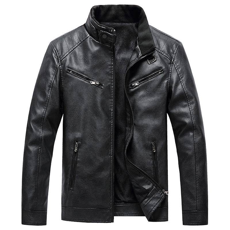 Men's Fleece Padded Coat Casual Korean-style Stand Collar PU Leather Jacket Trendy Youth - Velora