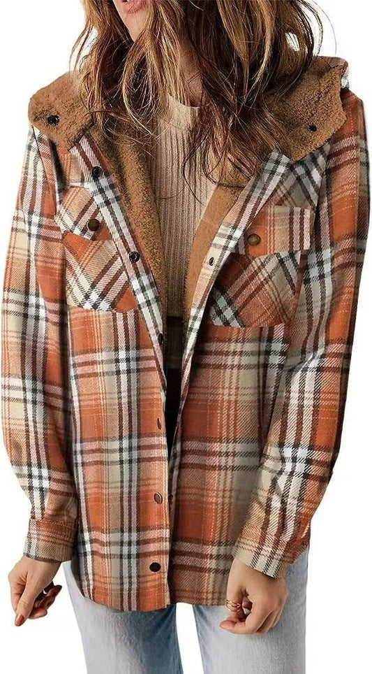Casual Plaid Hooded Woolen Coat Thickened Fleece-lined Warm Jacket - Velora