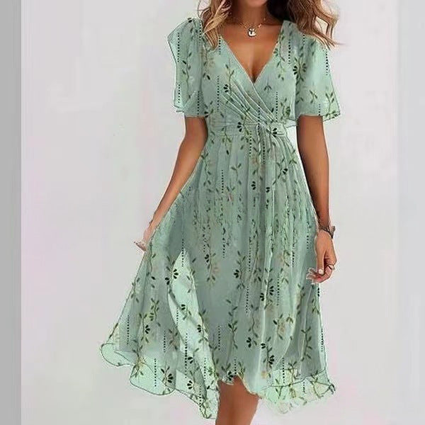 Flowers Printed V-neck Dress Summer A-line Short-sleeved Dresses For Women Velora
