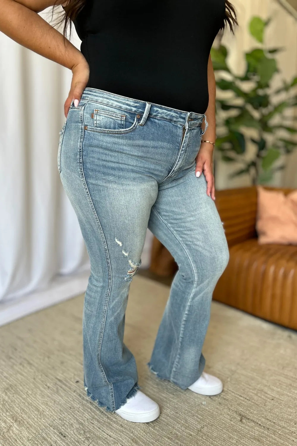 Judy Blue Full Size Medium Rise Tummy Control Destroy Flare - Velora
