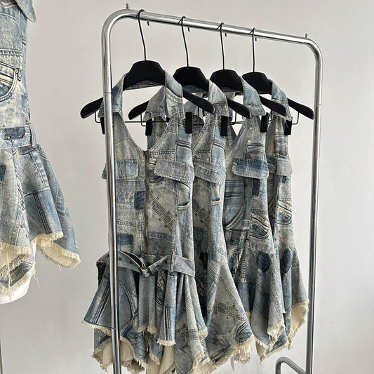 Waist-tight Halter Denim Dress Women's Distressed Retro Slimming Skirt - Velora