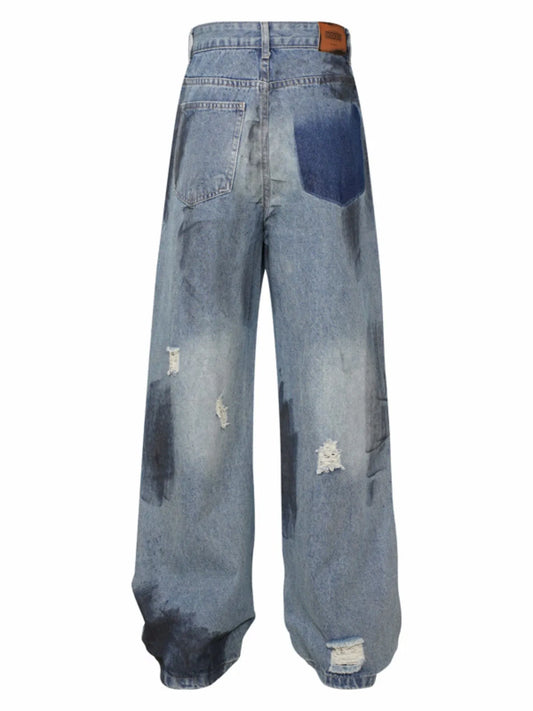 Men's Distressed Wide Leg Vintage Wash Jeans - Velora