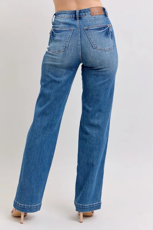 Judy Blue Full Size High Waist Contrast Thread Straight Plus Size - Velora
