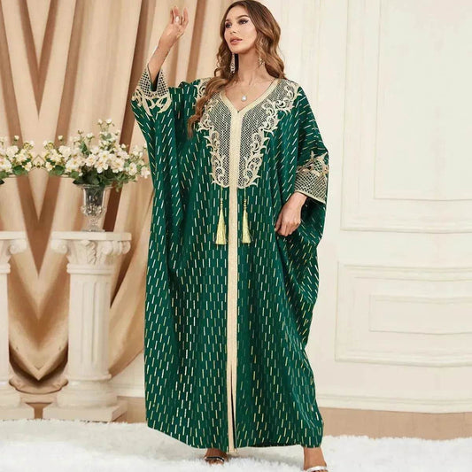 Dubai Turkey Arab Green Gilding Batwing Sleeve Bow Tie Stitching Middle East Popular Plus Size Tassel Split Dress - Velora