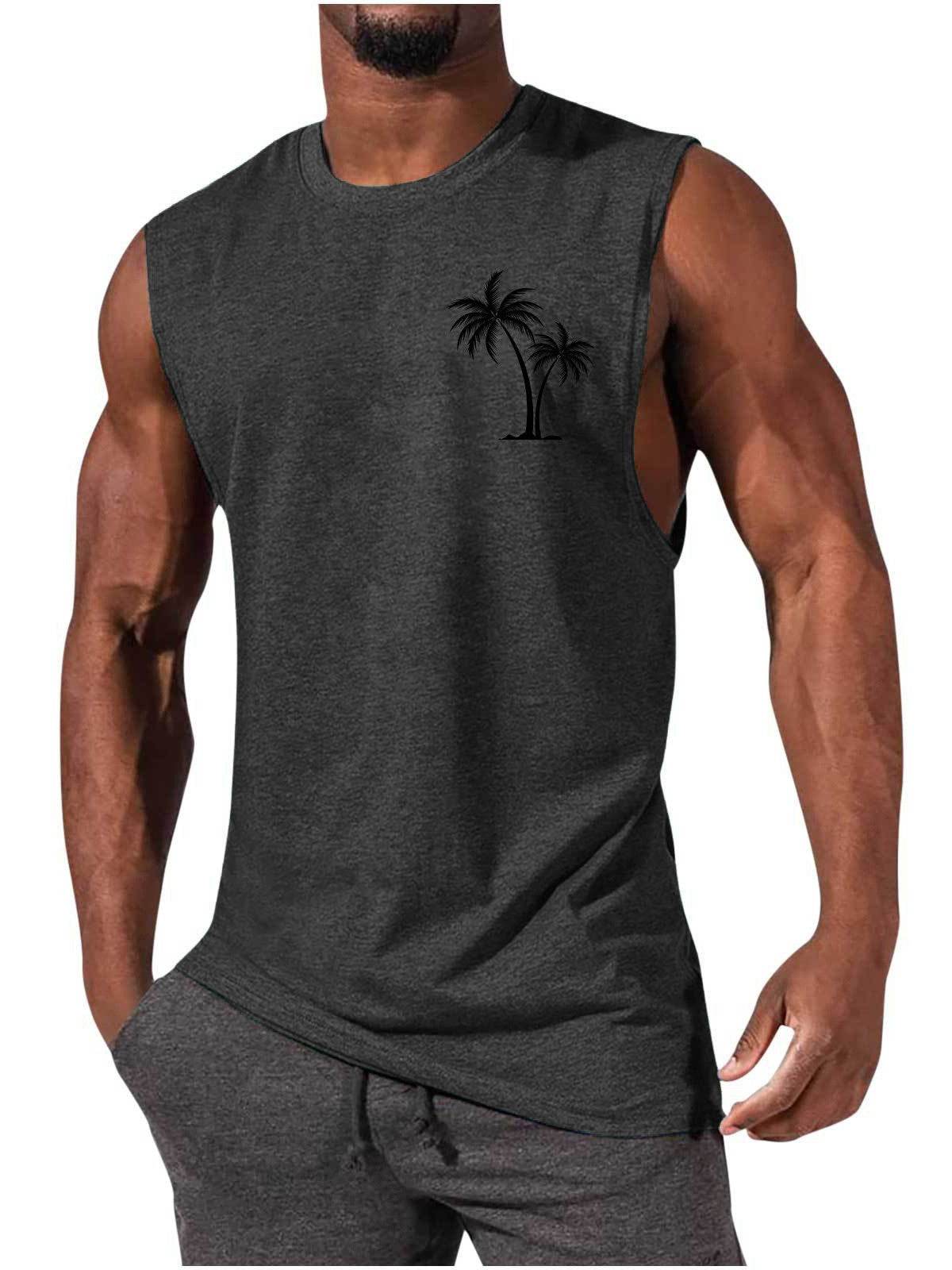 Coconut Tree Embroidery Vest Summer Beach Tank Tops Workout Muscle Men Sports Fitness T-shirt - Velora