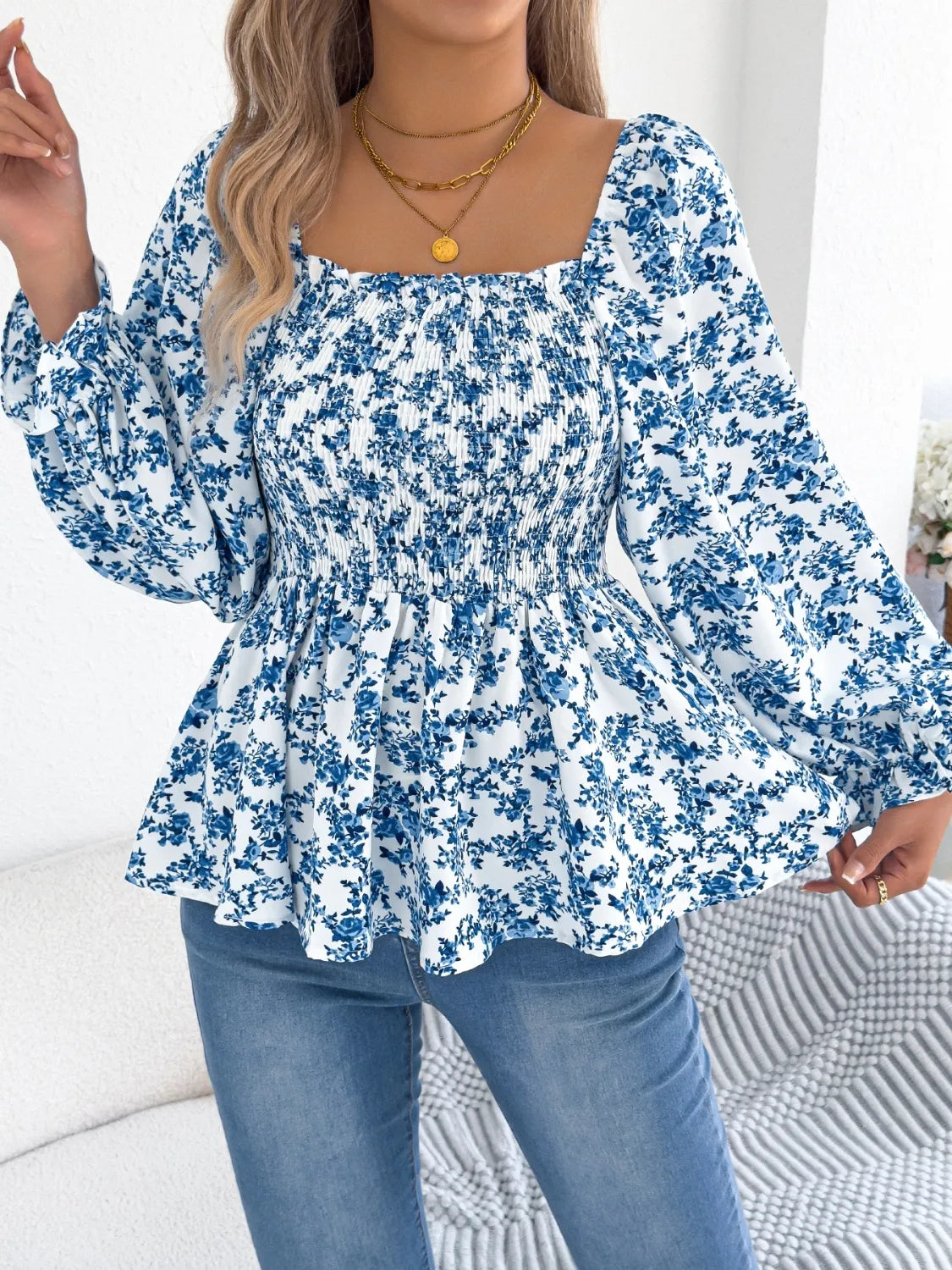 Floral Square Neck Flounce Sleeve Blouse - Velora