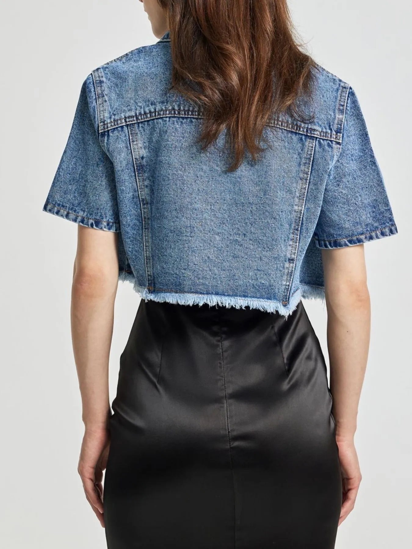Cropped Short Sleeve Denim Jacket with Frayed Hem - Velora