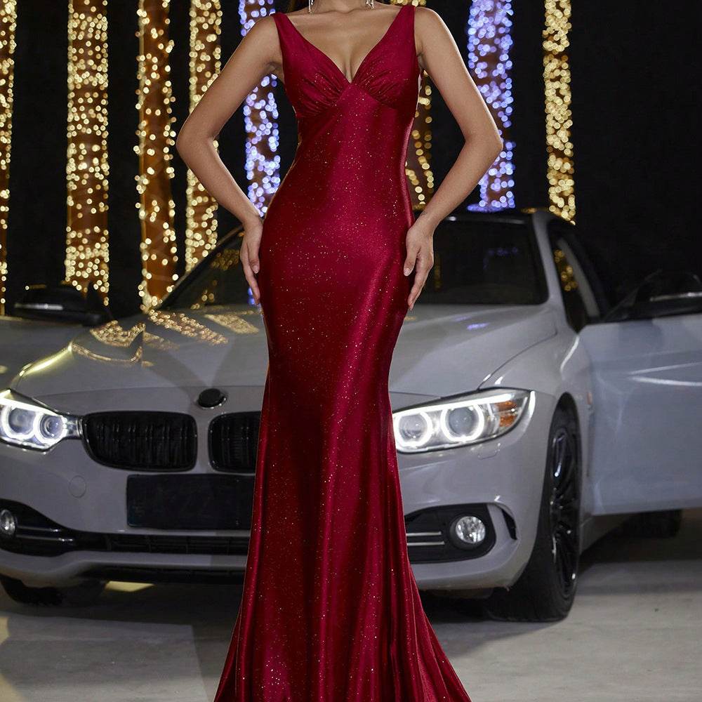 Deep V Strap Slim-fit Sheath Banquet Fishtail Evening Dress - Velora