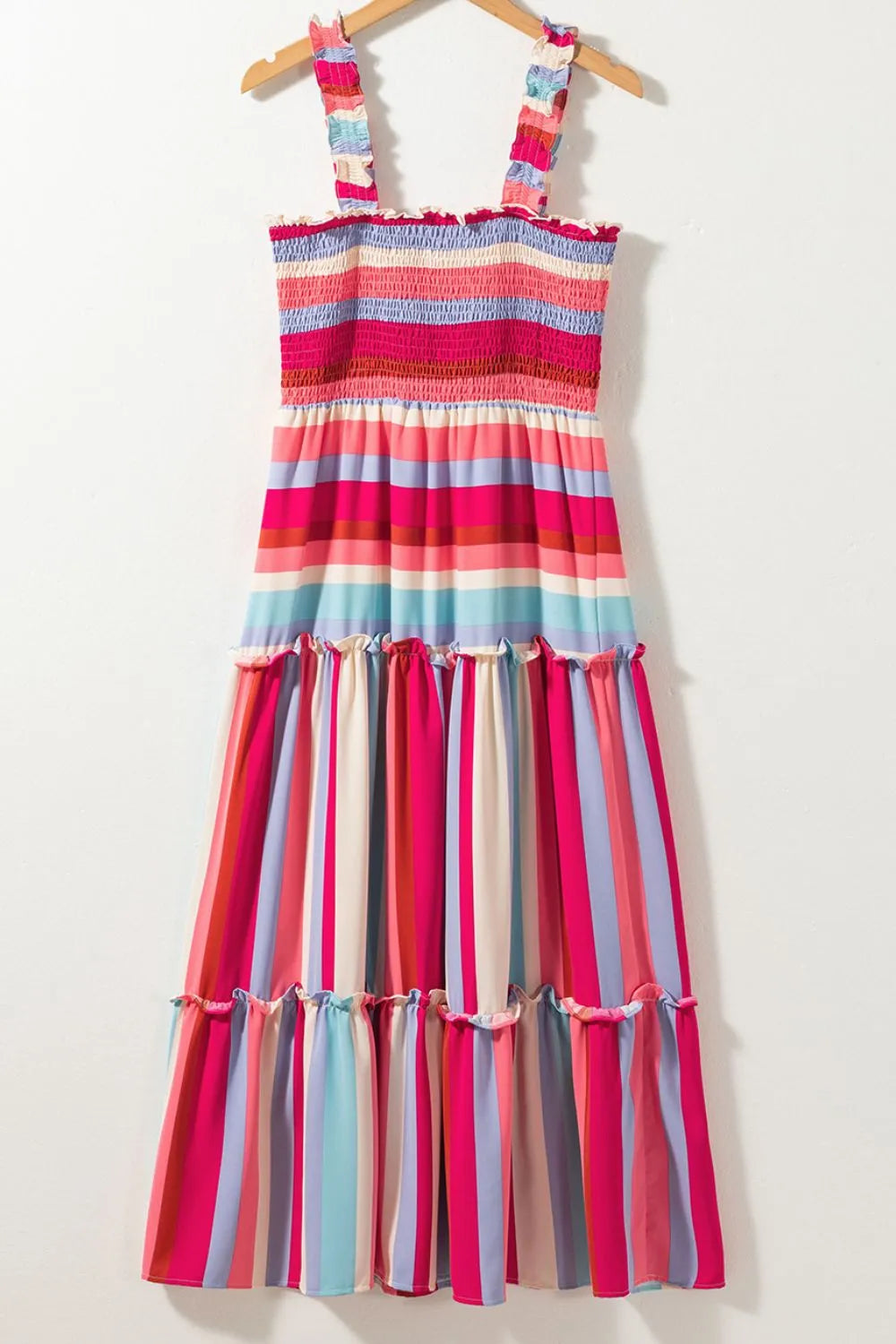 Contrast Stripe Wide Strap Smocked Tiered Dress - Velora