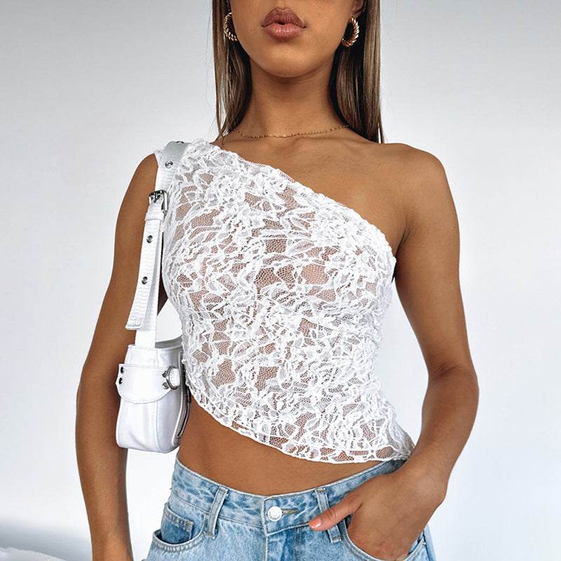 Ins Lace Backless Top Summer Solid Color Waistless Asymmetrical Sloped Neck Vest Streetwear Womens Clothes - Velora