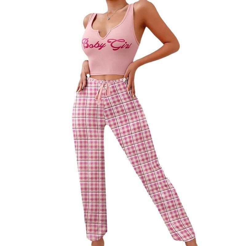 Spring Summer Women's Casual Pajamas Home Wear Vest Color Matching Plaid Trousers Letter Print Top Ladies 2 Pcs Home Clothes Sleepwear - Velora