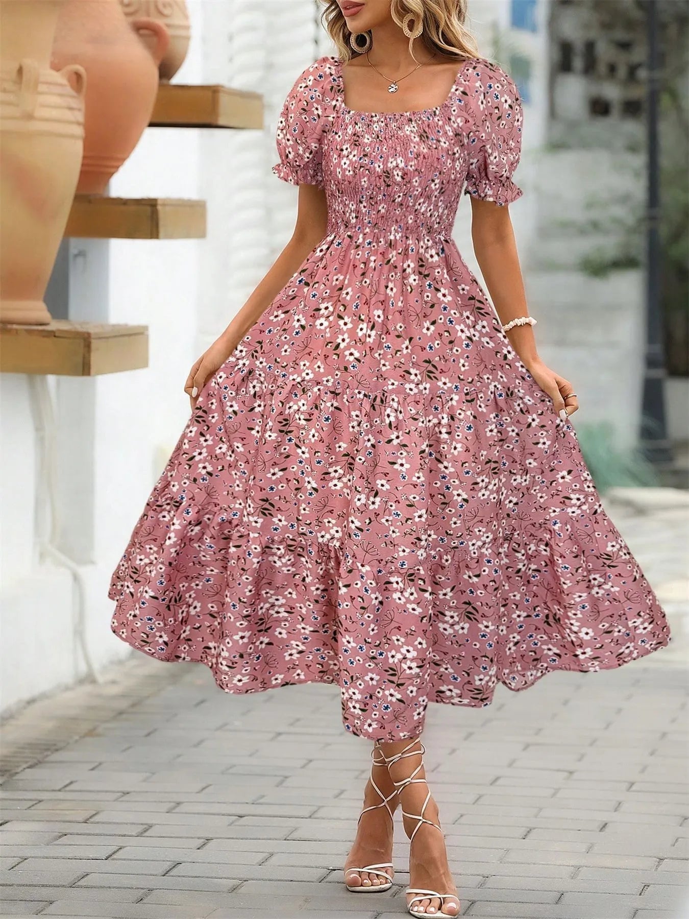 Floral Print Puff Sleeve Tiered Midi Dress - Velora