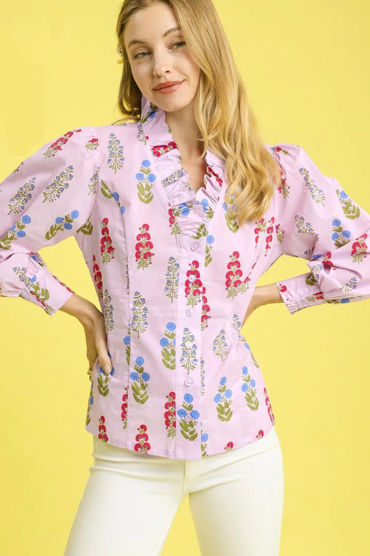 Umgee Floral Print Lantern Sleeve Button Down Shirt - Velora