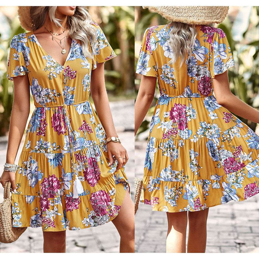 Women Casual floral summer dress Printed V-neck short sleeve Mini Dress - Velora