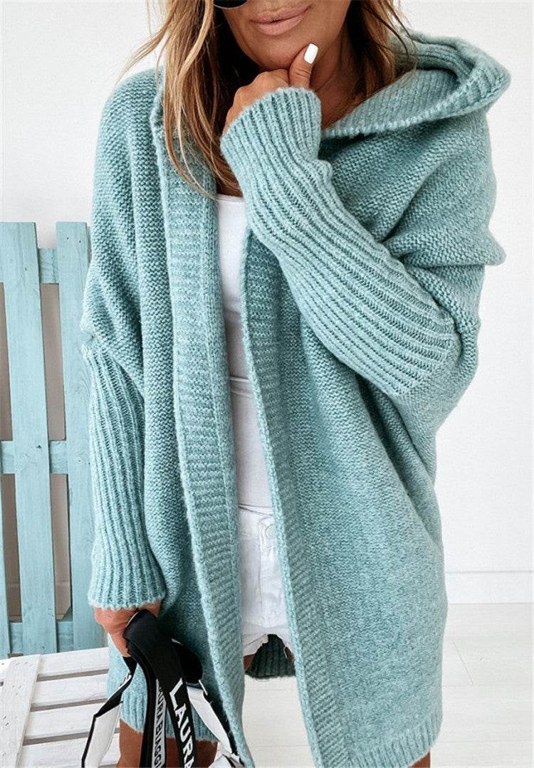 Fashion Bat Sleeve Hooded Cardigan Oversized Loose Temperament Solid Color Sweater Womens Clothing - Velora