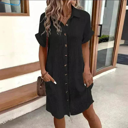 Womens Button Down Shirt Dress Summer Cotton Linen Dress V-Neck Mini Dress Casual Short Sleeve Loose Tunic Dresses - Velora