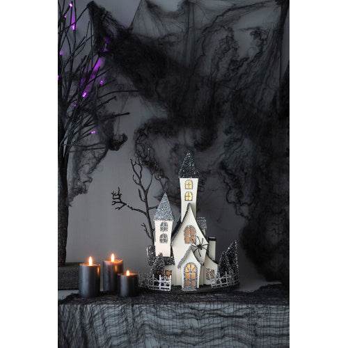10x8.3x13.5 Cardboard Lighted Haunted House, Black Beige Tabletop Holiday Halloween Decor, Battery Powered - Velora