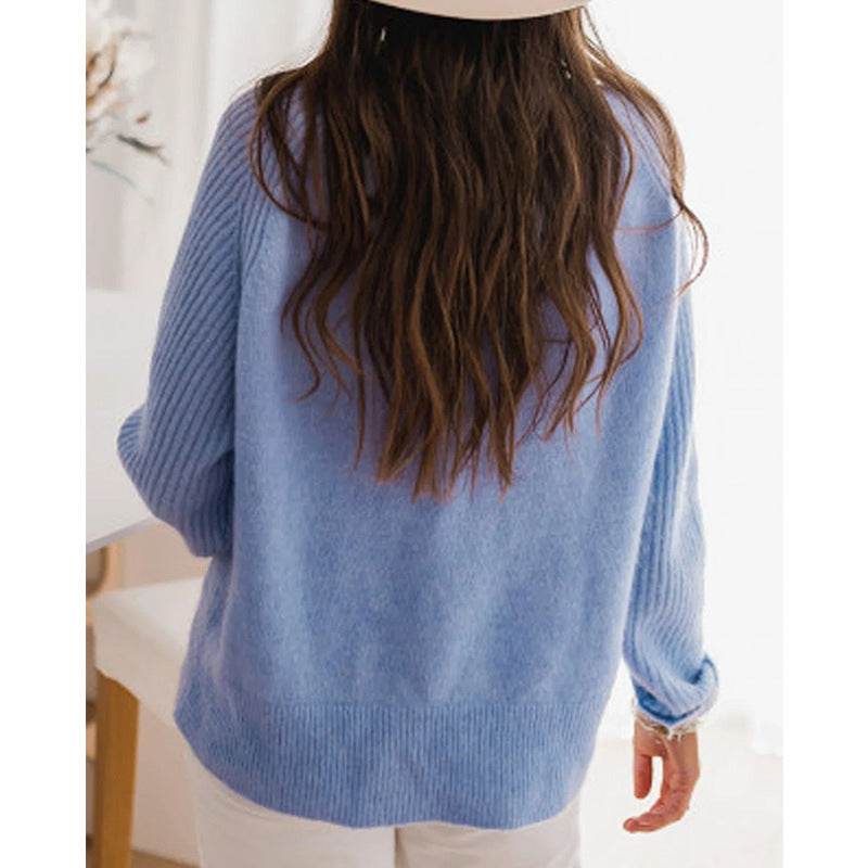 European Milk Blue Bedford Cord Sweater Women's Round-collar Long-sleeve Knitwear Casual Women's Clothing Fashion Knit Top Outerwear - Velora