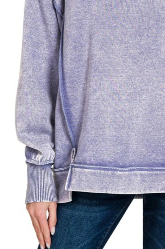Zenana Acid Wash Exposed-seam Fleece Sweatshirt - Velora