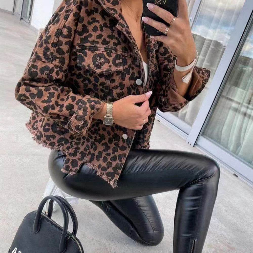 Women's Leopard Print Jacket With Pocket Y2K Fashion Lapel Single-breasted Denim Overcoat Women's Clothing - Velora