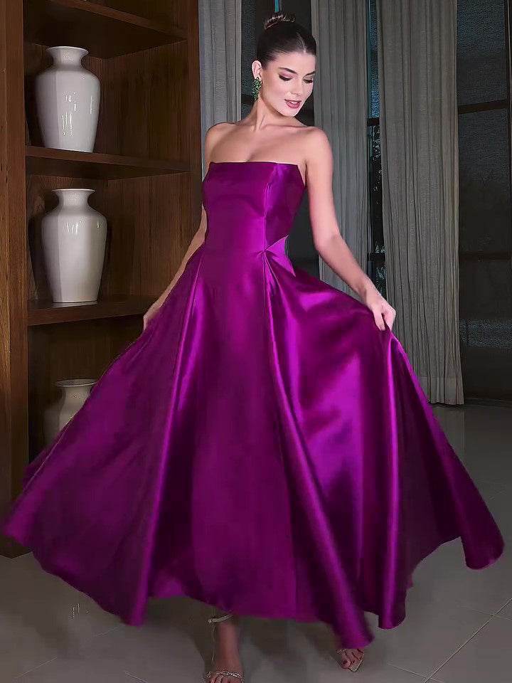 Satin Tube Top Full Skirt Dress - Velora