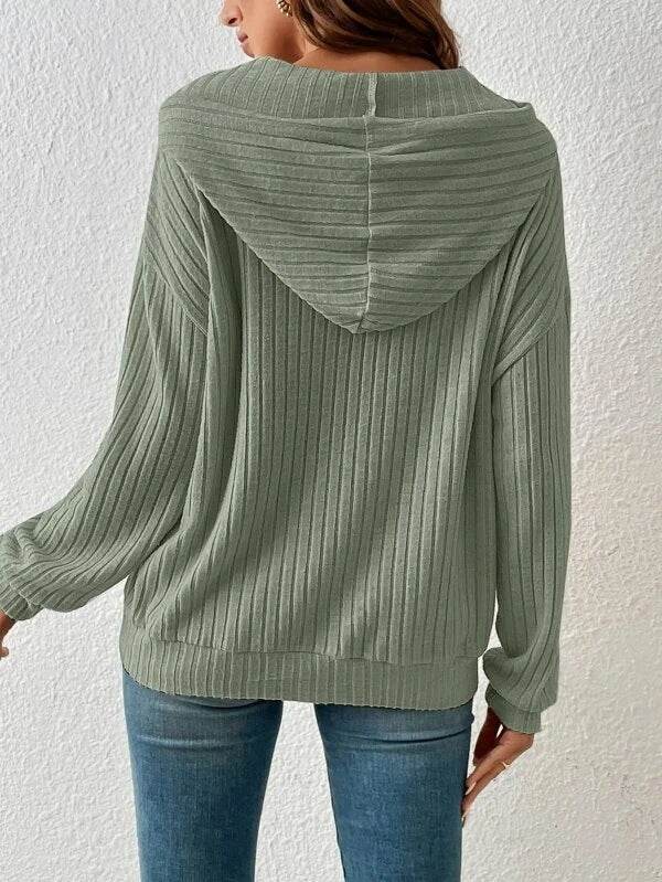 Fashion Drawstring Long-sleeved Hooded Sweatshirt With Pockets Solid Sunken Stripe Hoodie Knitwear Womens Clothing - Velora